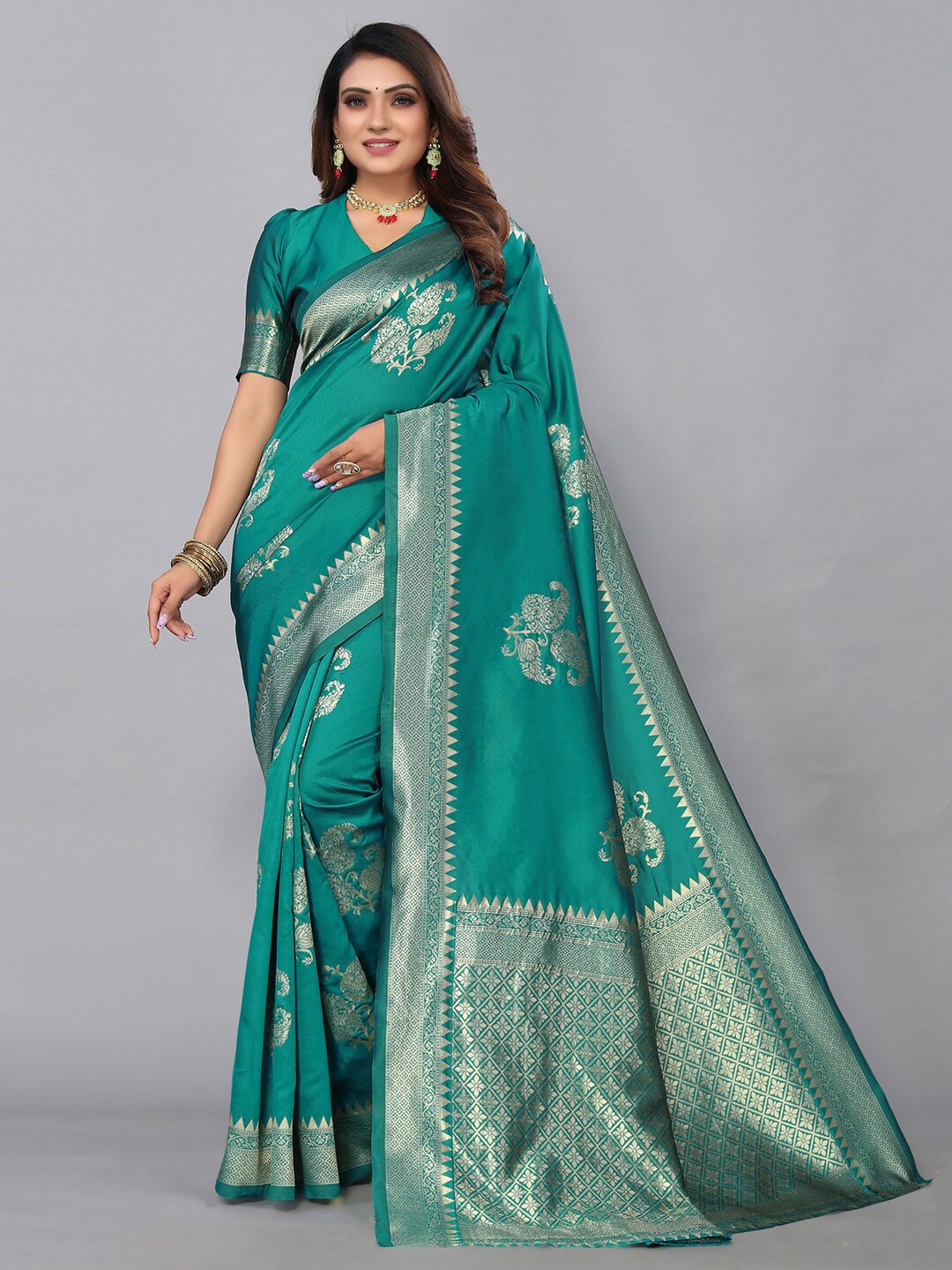 

KALINI Ethnic Motifs Zari Banarasi Saree, Turquoise blue