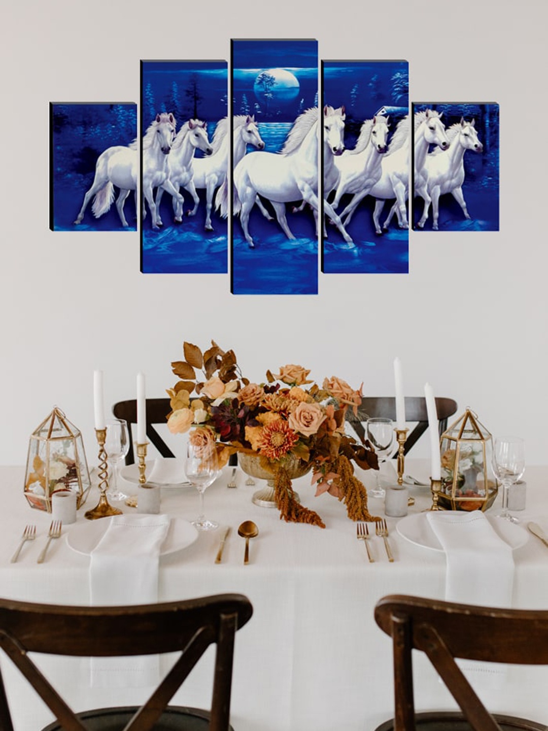 

SAF Blue & White Set of 5 Seven Running Horses Painting Wall Art