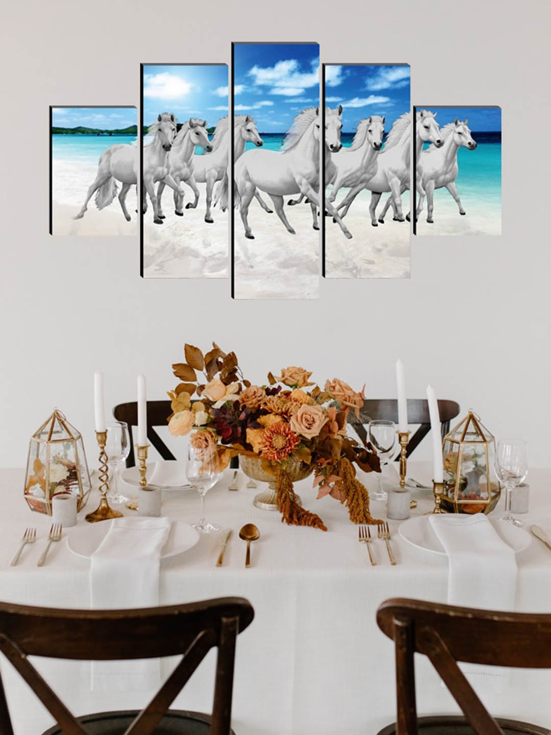SAF Blue & White Set of 5 Seven Running horses Painting Wall Art
