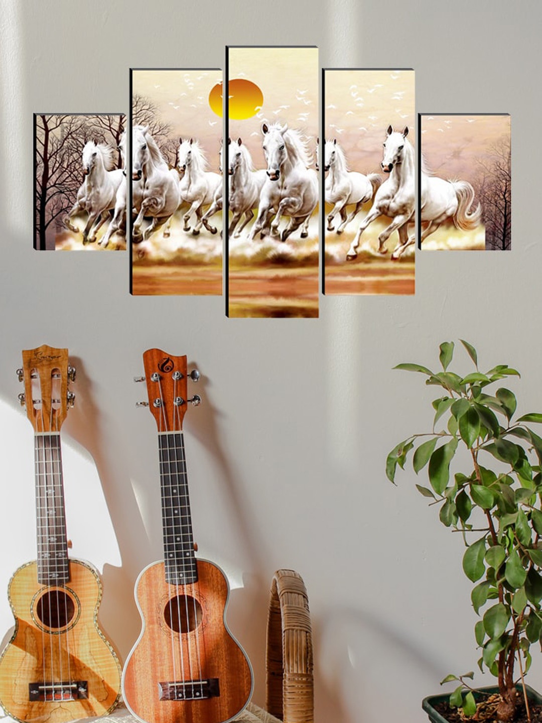 

SAF Beige & White Set of 5 Seven Running Horses Painting Wall Art