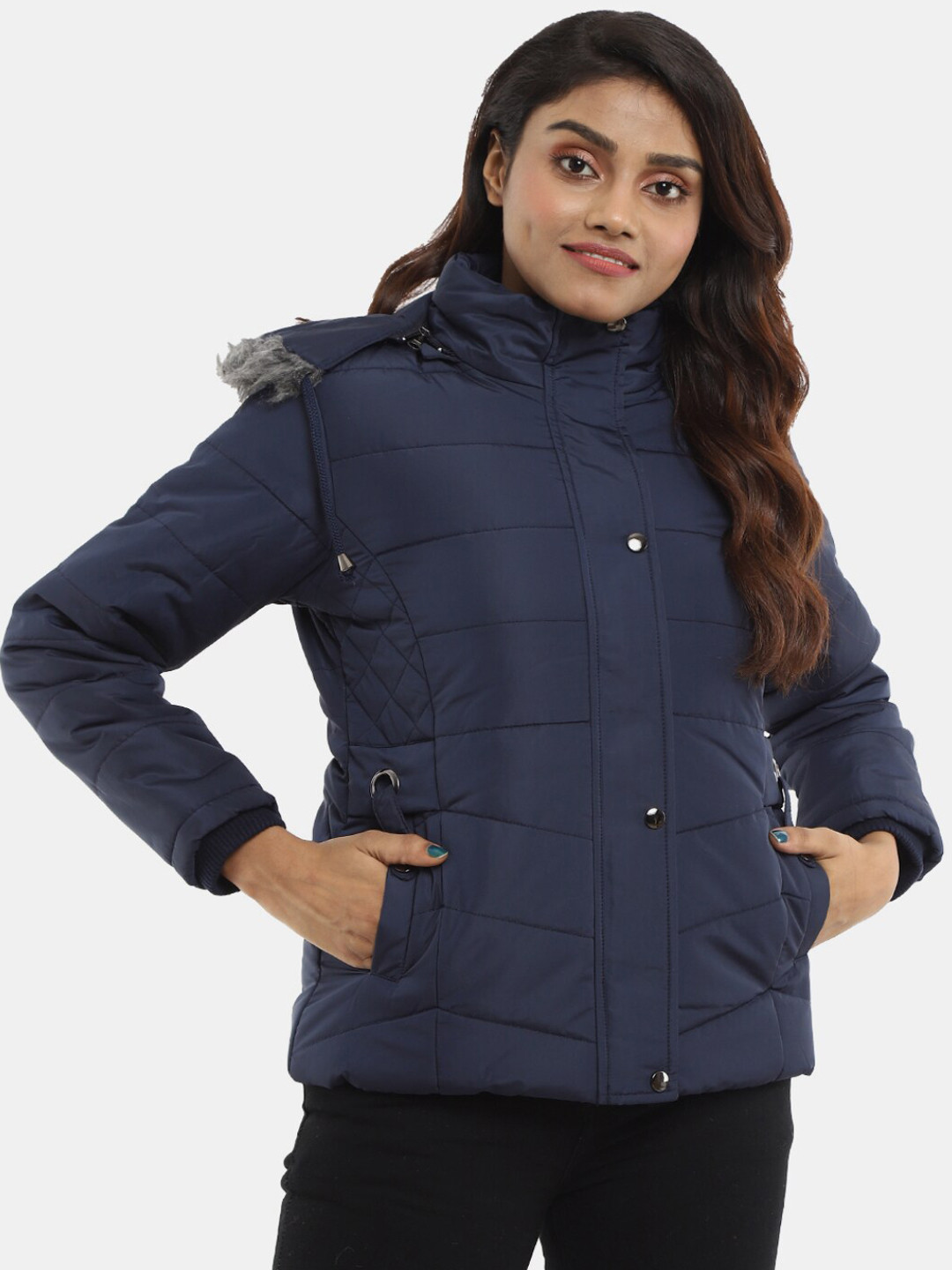 

V-Mart Women Hooded Cotton Lightweight Outdoor Padded Jacket, Navy blue