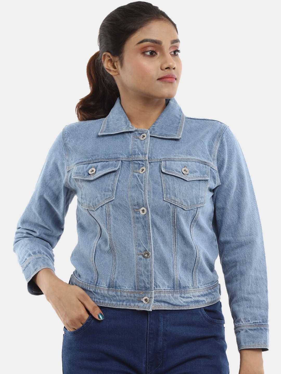 

V-Mart Women Washed Cotton Lightweight Crop Outdoor Denim Jacket, Blue