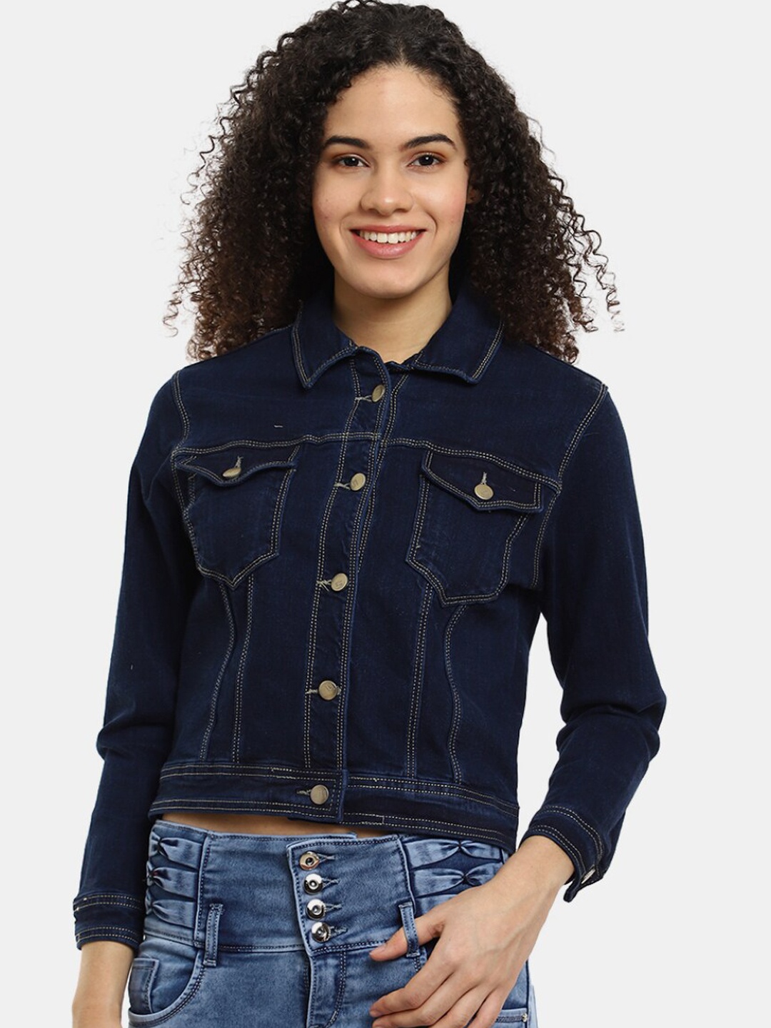 

V-Mart Women Washed Lightweight Crop Cotton Denim Jacket, Blue