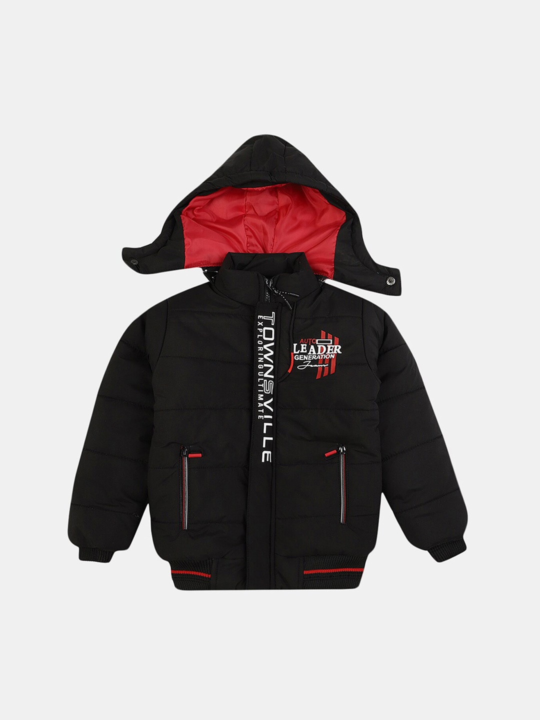 

V-Mart Boys Typography Lightweight Outdoor Hooded Puffer Jacket, Black