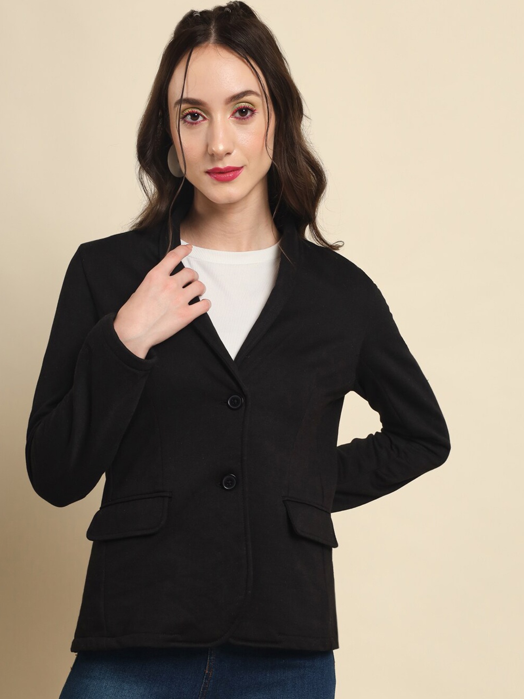 

Darzi Women Fleece Single-Breasted Blazers, Black