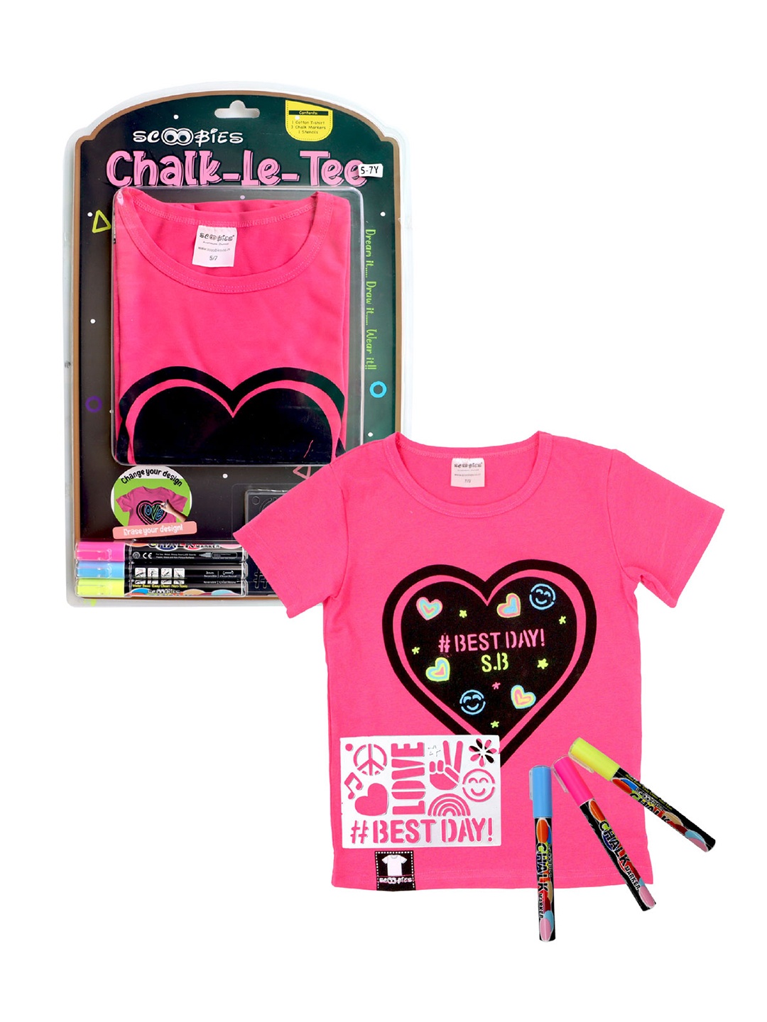 

SCOOBIES Girls Pure Cotton Chalk-Lee-Tee With 3 Chalk Markers, Pink