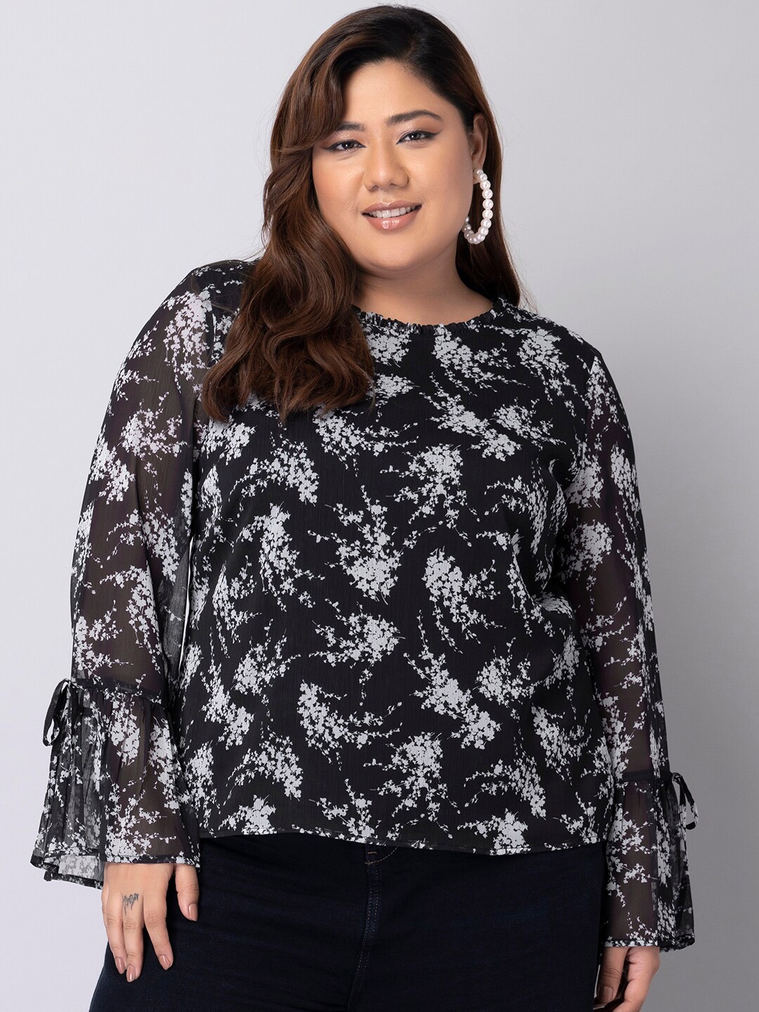 

FabAlley Curve Plus Size Floral Print Georgette Top, Black