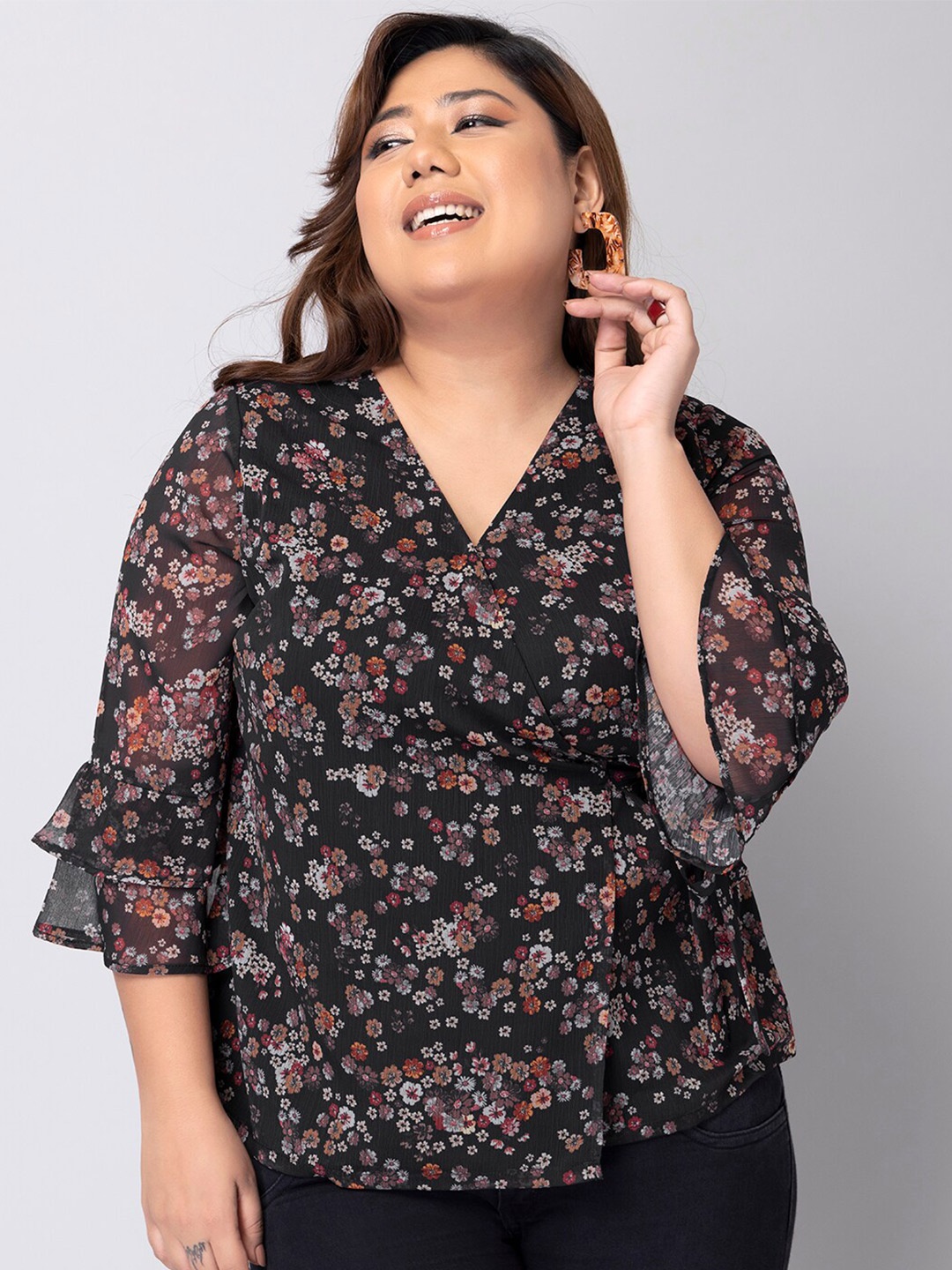 

FabAlley Curve Plus Size Floral Print Georgette Wrap Top, Black
