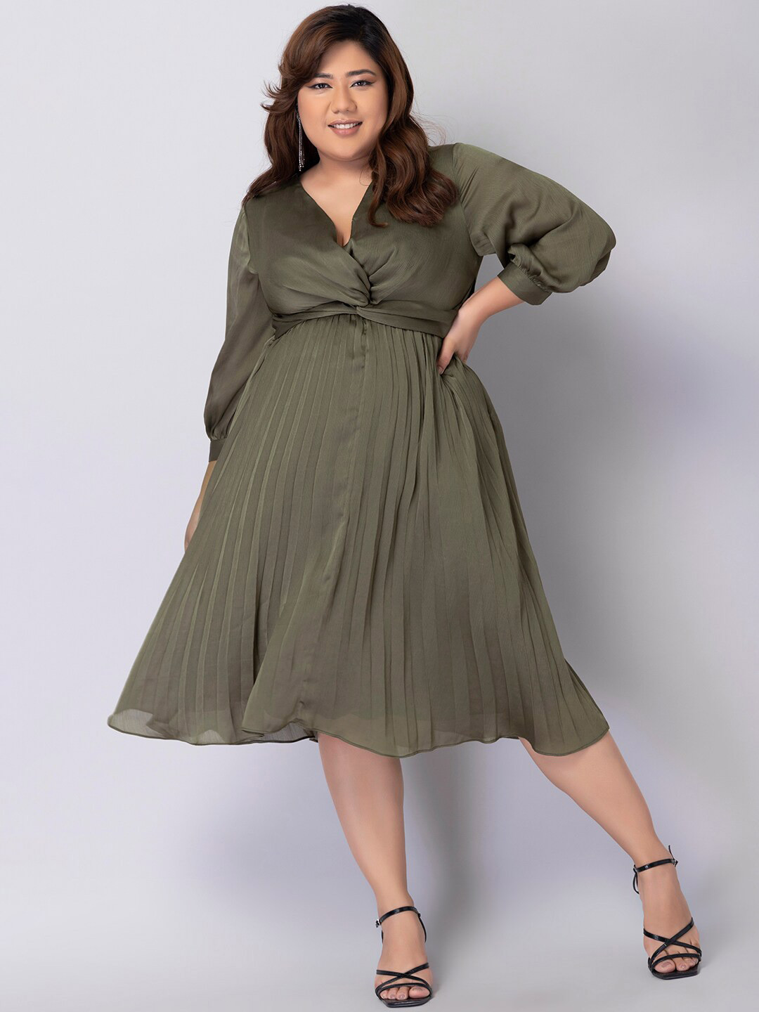 

FabAlley Curve Plus Size Georgette A-Line Dress, Olive