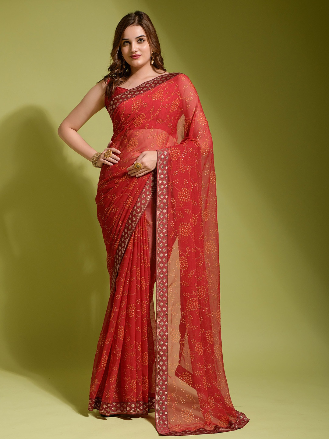 

Globon Impex Floral Beads and Stones Pure Chiffon Saree, Red