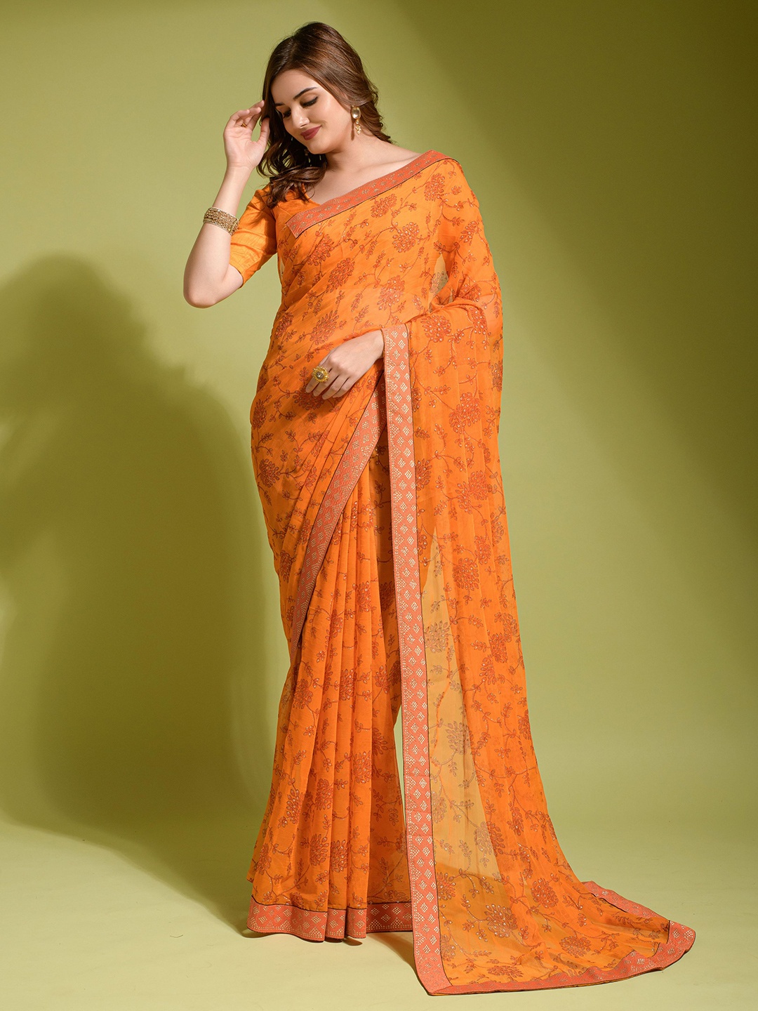 

Globon Impex Floral Beads and Stones Pure Chiffon Saree, Orange