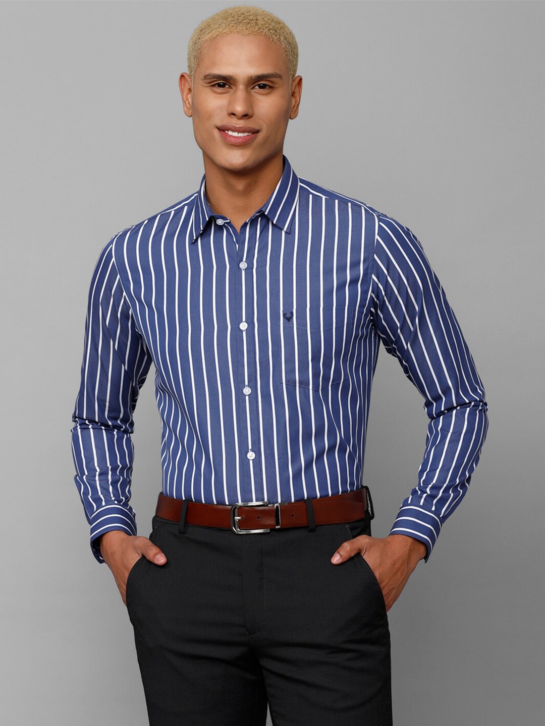 

Allen Solly Men Slim Fit Striped Formal Cotton Shirt, Blue