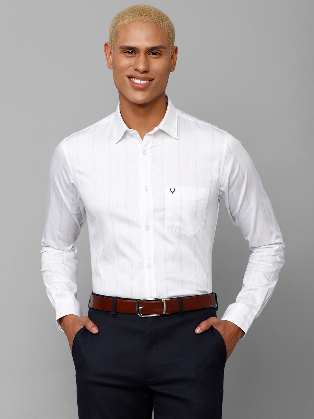 

Allen Solly Men Slim Fit Vertical Striped Formal Pure Cotton Shirt, White