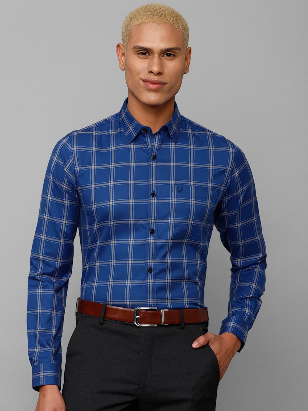 

Allen Solly Men Slim Fit Windowpane Checked Formal Cotton Shirt, Blue
