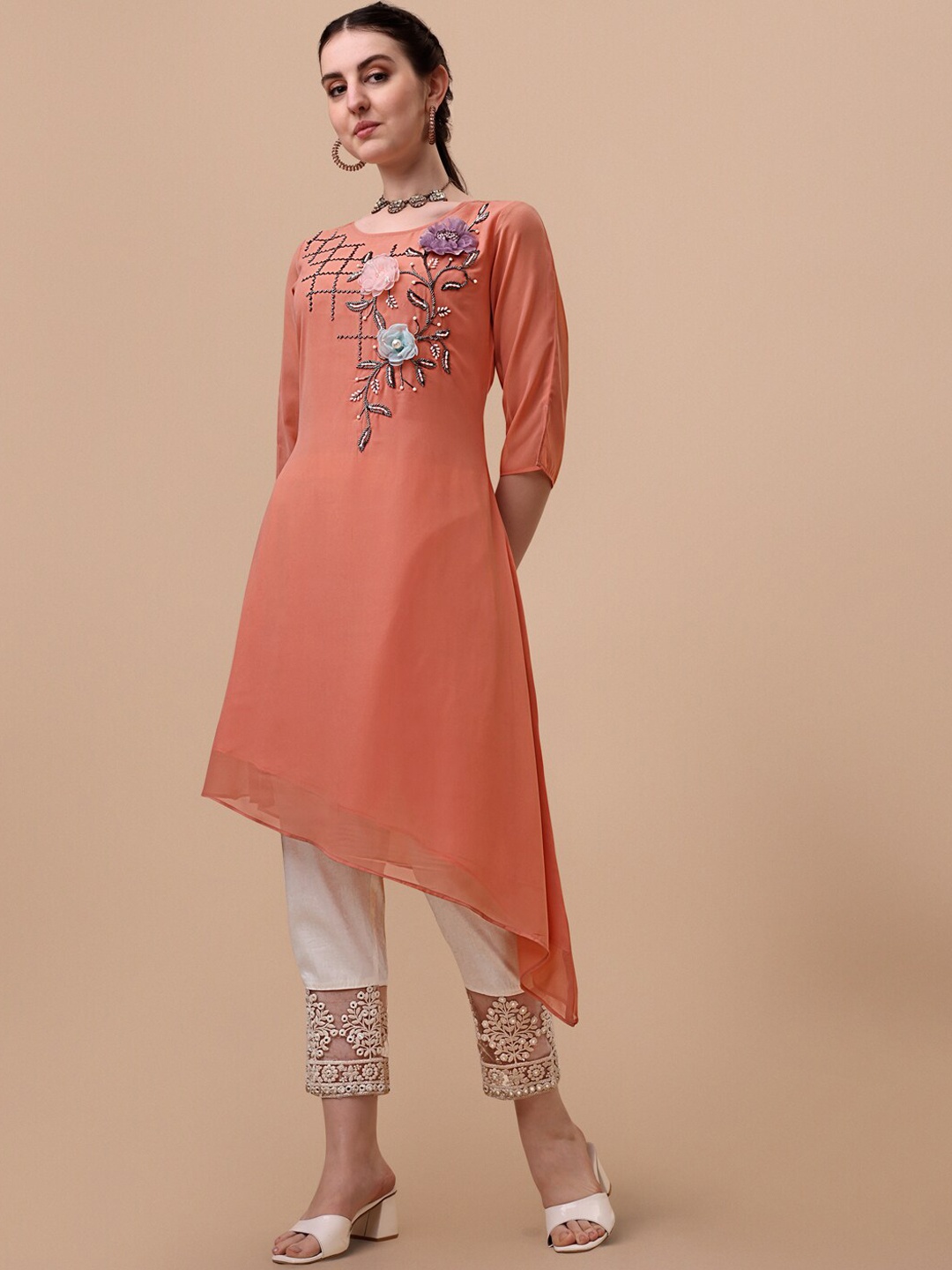 

Berrylicious Floral Embroidered Beads and Stones Asymmetric Kurta with Trousers, Orange