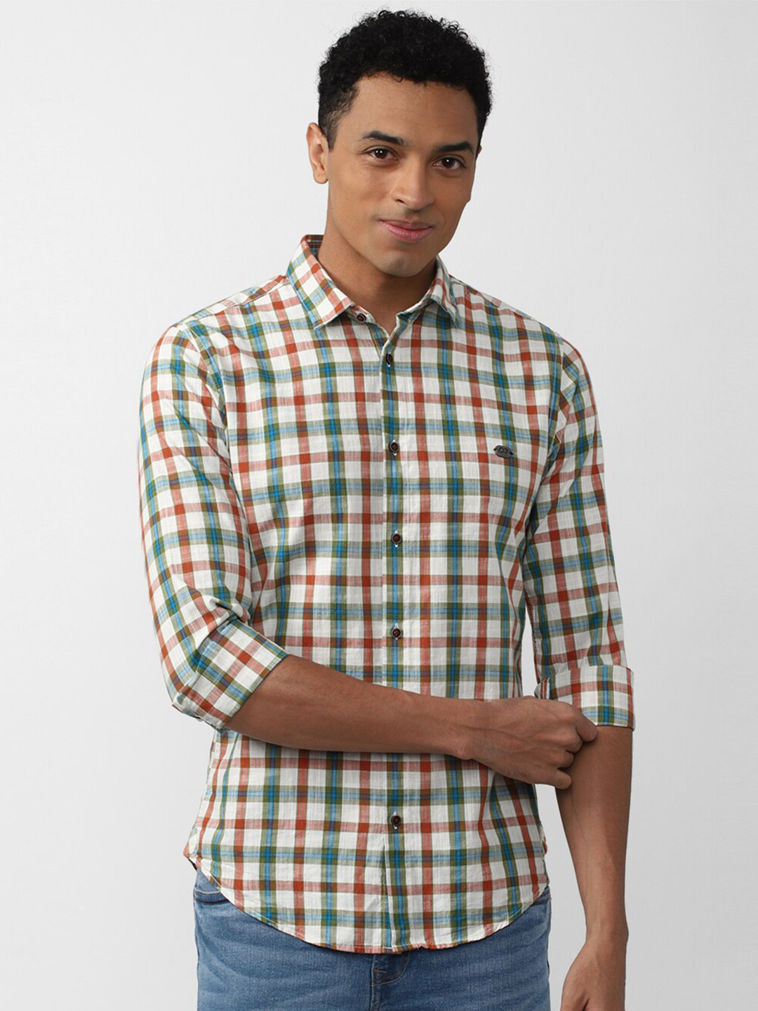 

Peter England Casuals Men Slim Fit Checked Casual Cotton Shirt, Off white