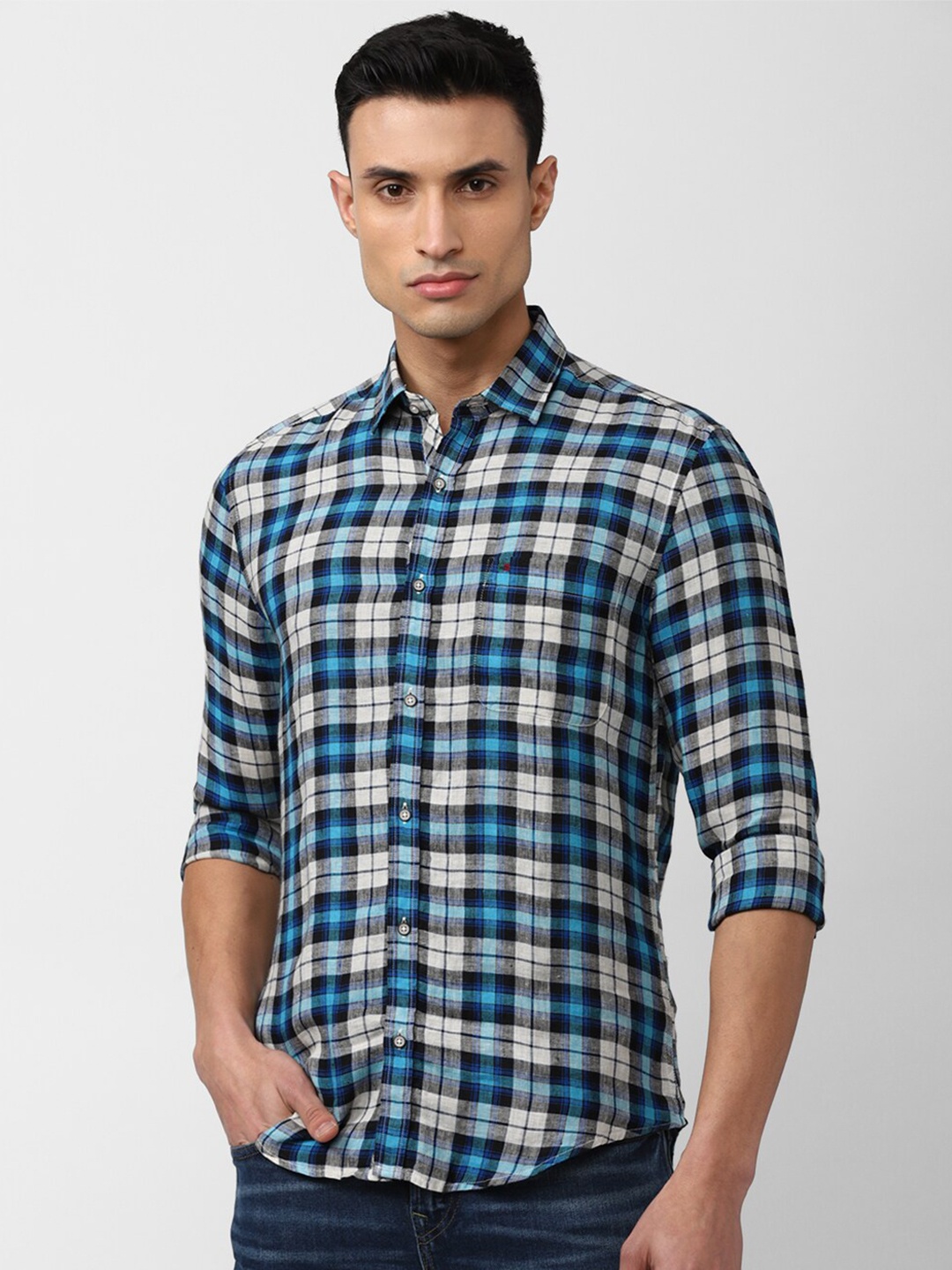 

Peter England Casuals Men Slim Fit Tartan Checked Casual Shirt, Blue