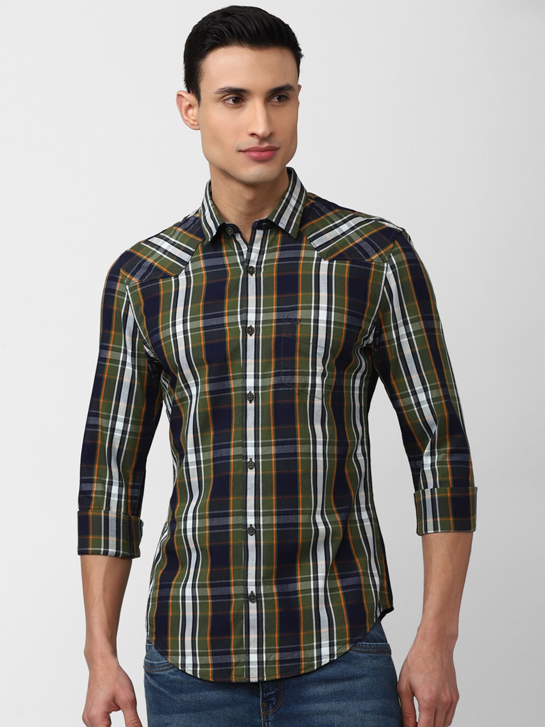 

Peter England Casuals Men Slim Fit Checked Casual Cotton Shirt, Olive