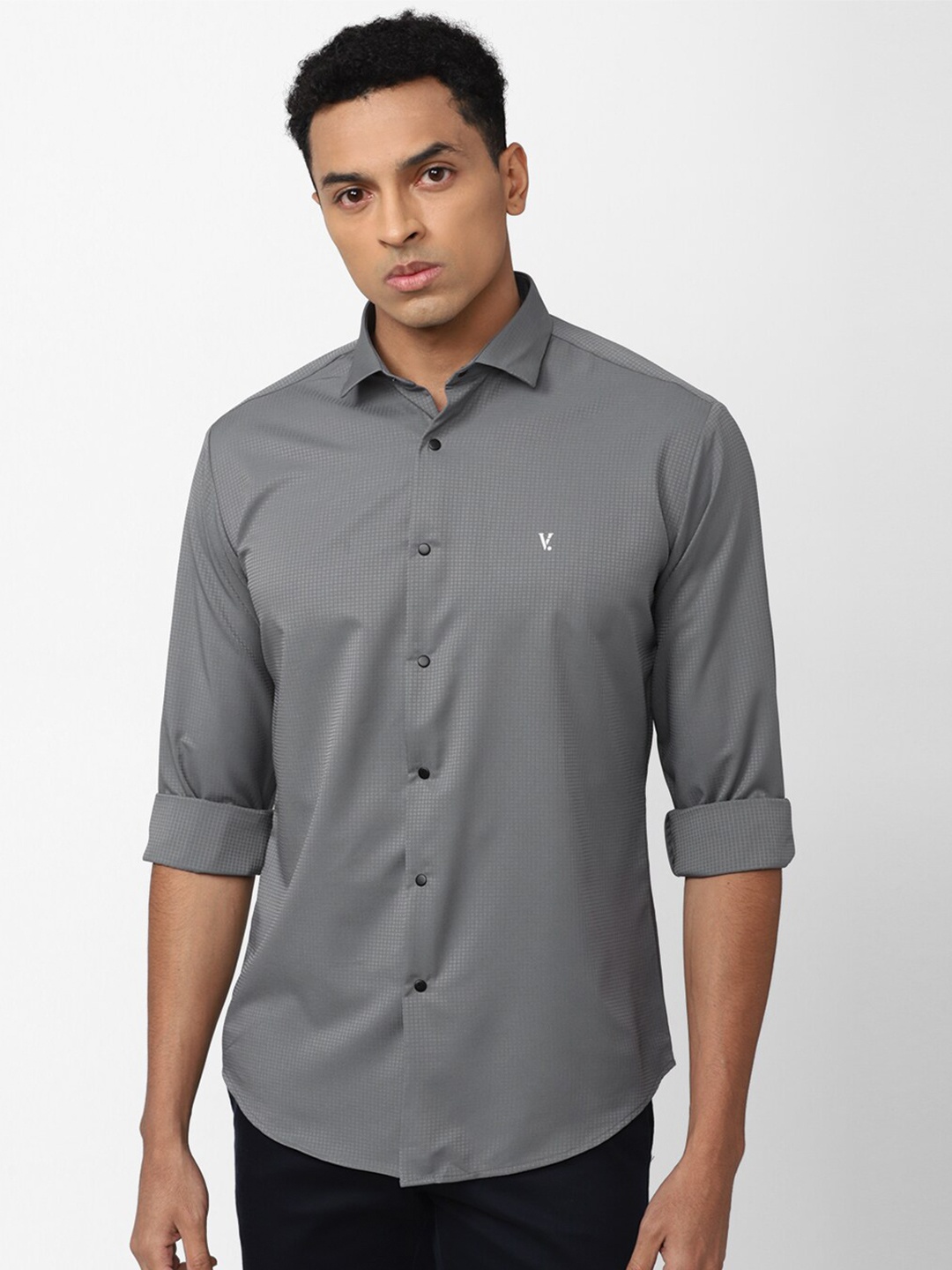 

V Dot Men Slim Fit Micro Checks Cotton Casual Shirt, Grey