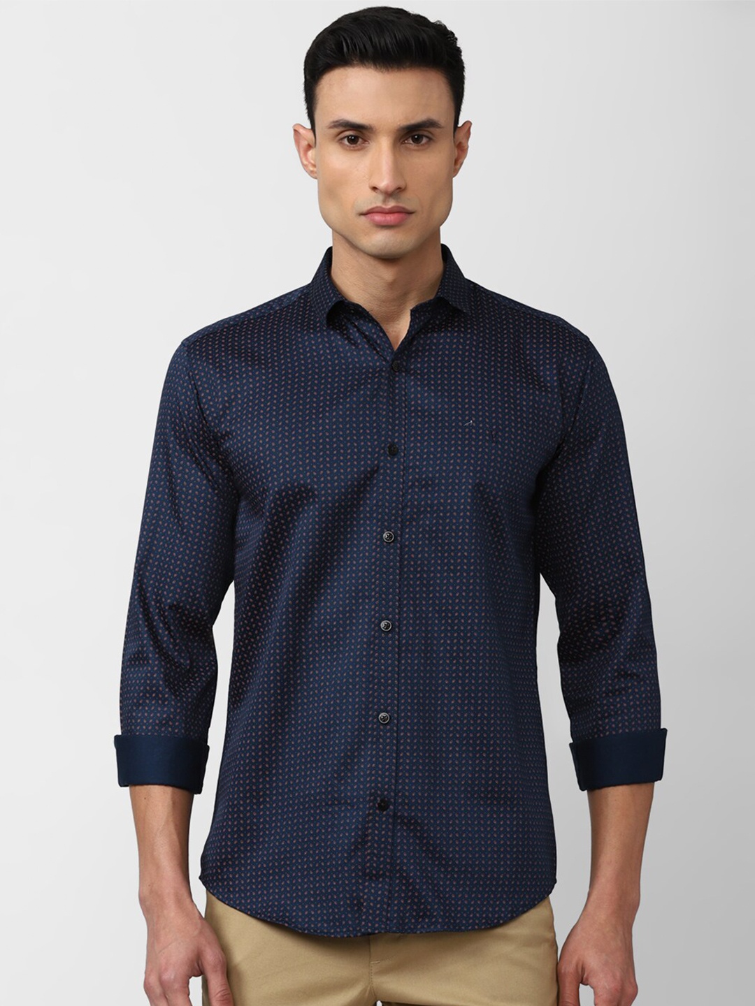 

V Dot Men Printed Pure Cotton Slim Fit Formal Shirt, Navy blue