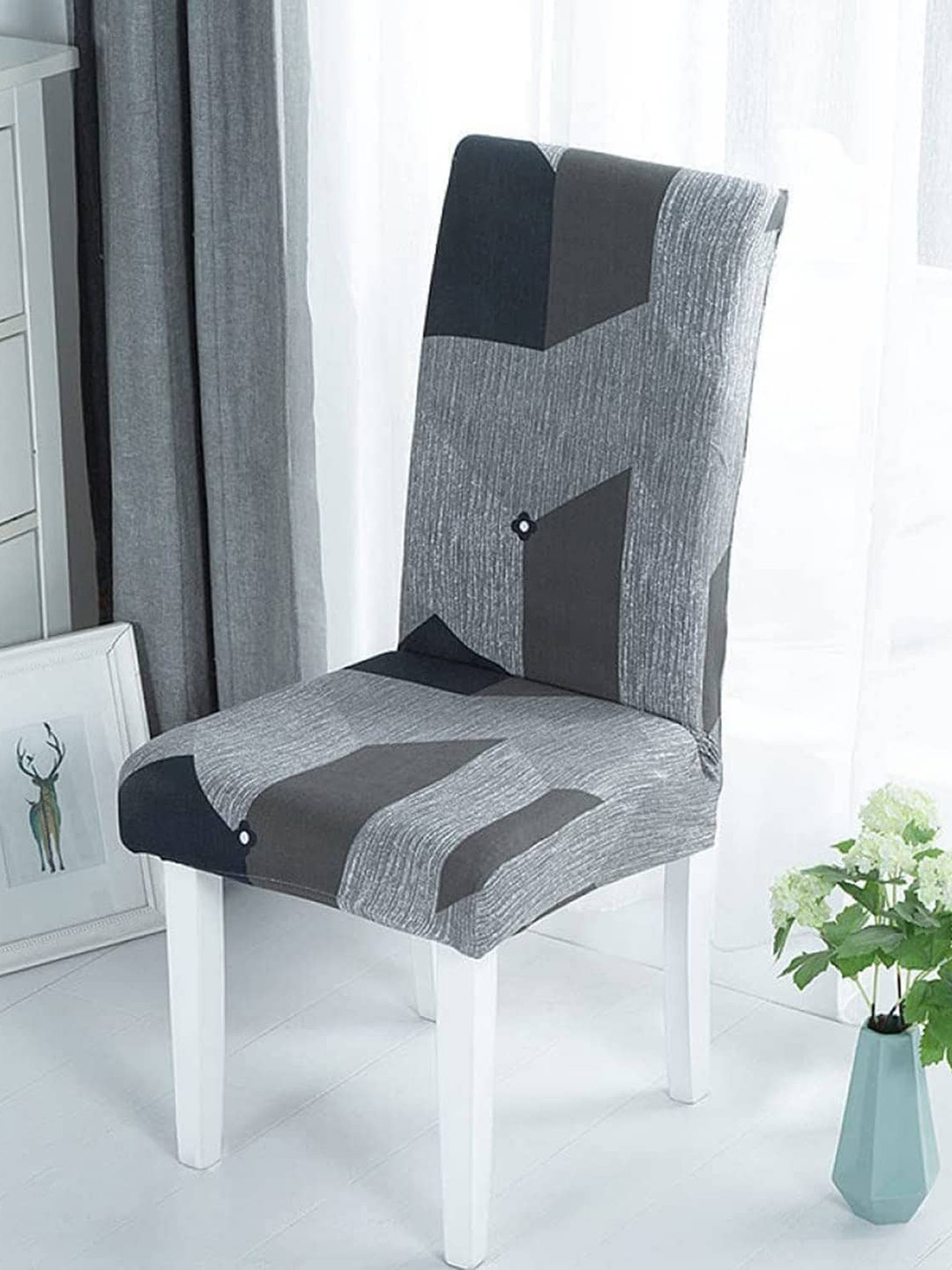 

HOUSE OF QUIRK Grey Melange and Grey Geometric Printed Chair Cover