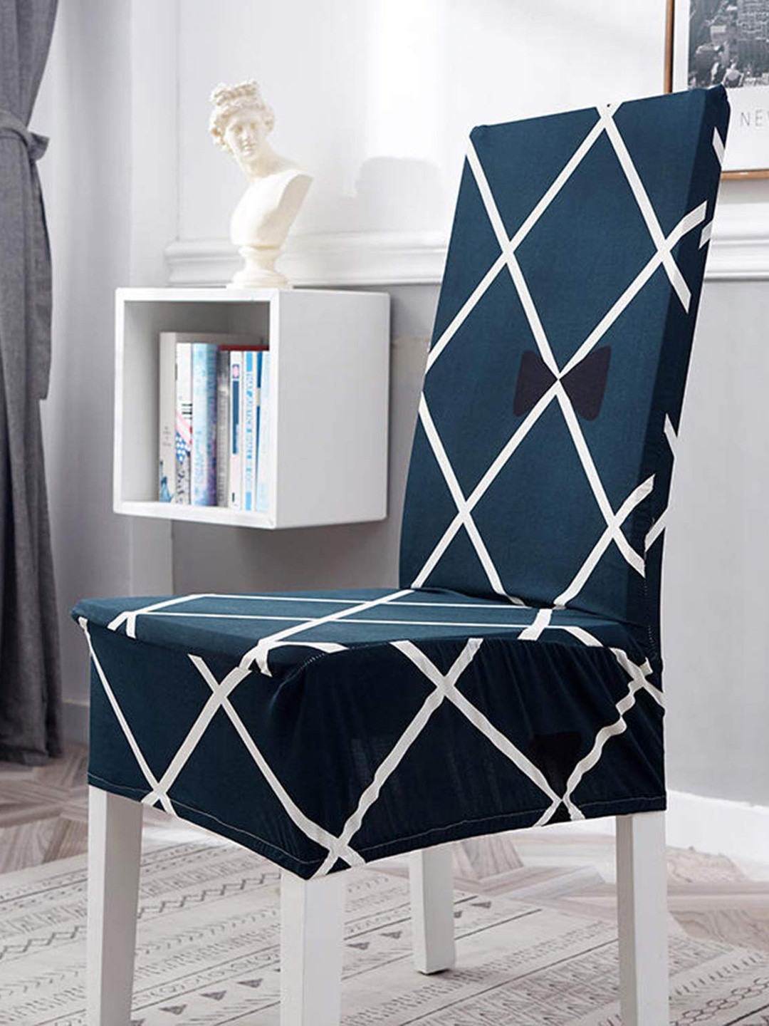 

HOUSE OF QUIRK Teal Blue & White Geometric Printed Chair Cover
