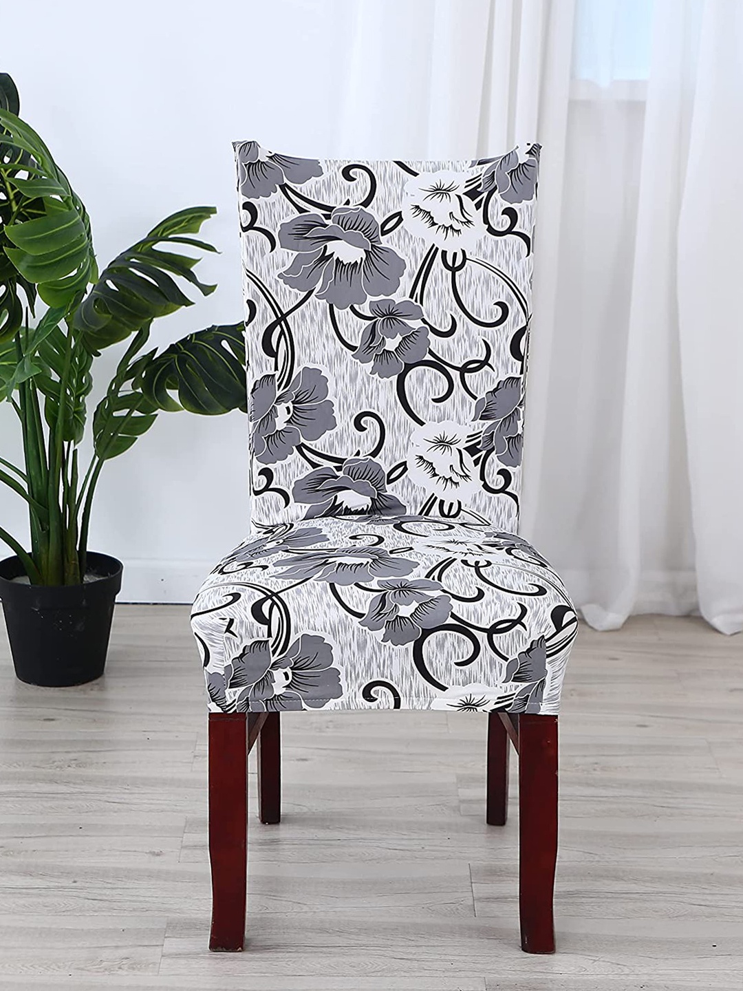 

HOUSE OF QUIRK White & Grey Floral Printed Chair Cover