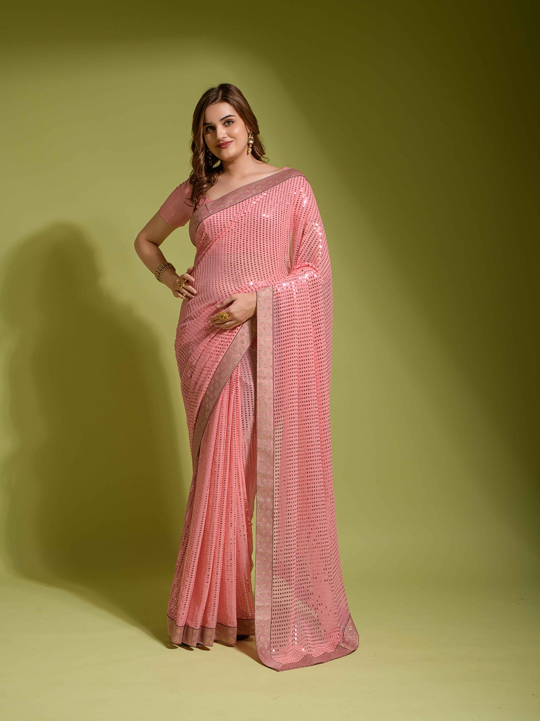 

Globon Impex Embellished Sequinned Pure Georgette Saree, Pink