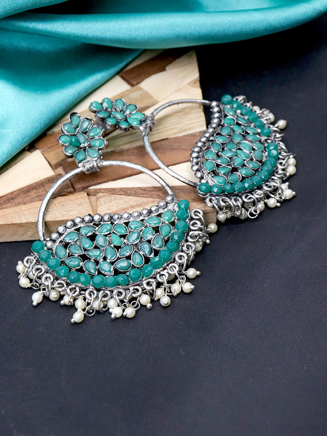 

Krelin Women Silver-Plated Circular Chandbalis Earrings, Sea green
