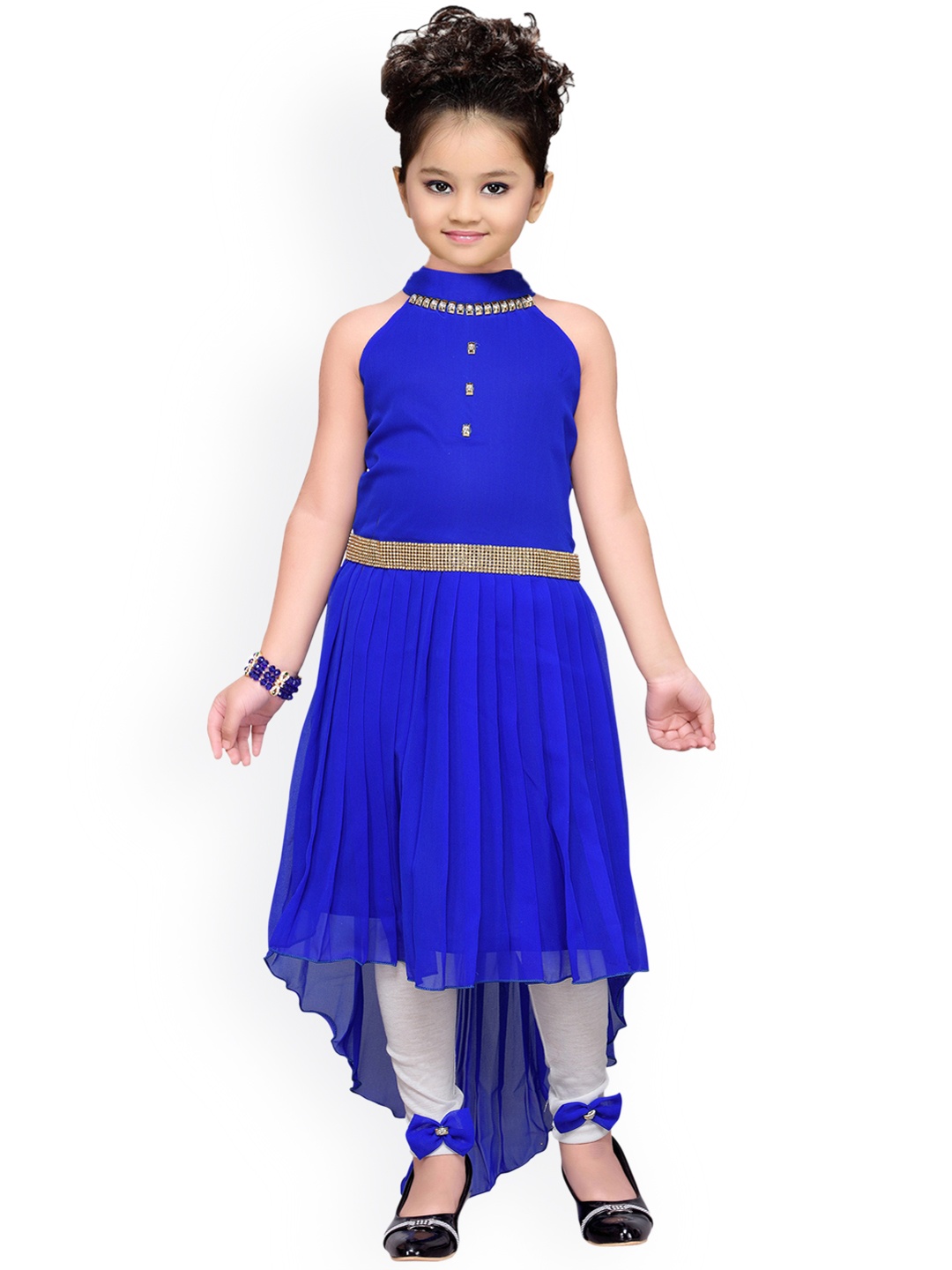 

ADIVA Girls Blue & White Solid Top with Churidar Leggings