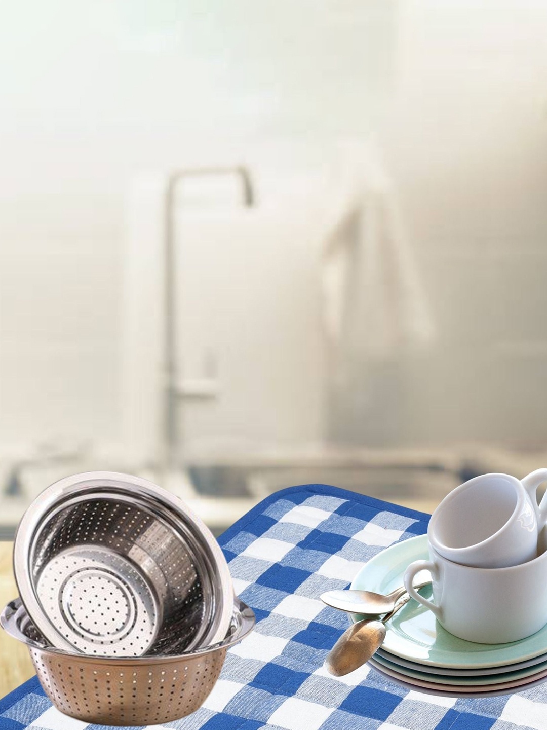 

Lushomes Set Of 2 Checked Pure Cotton Reversible Dish Drying Mat, Blue