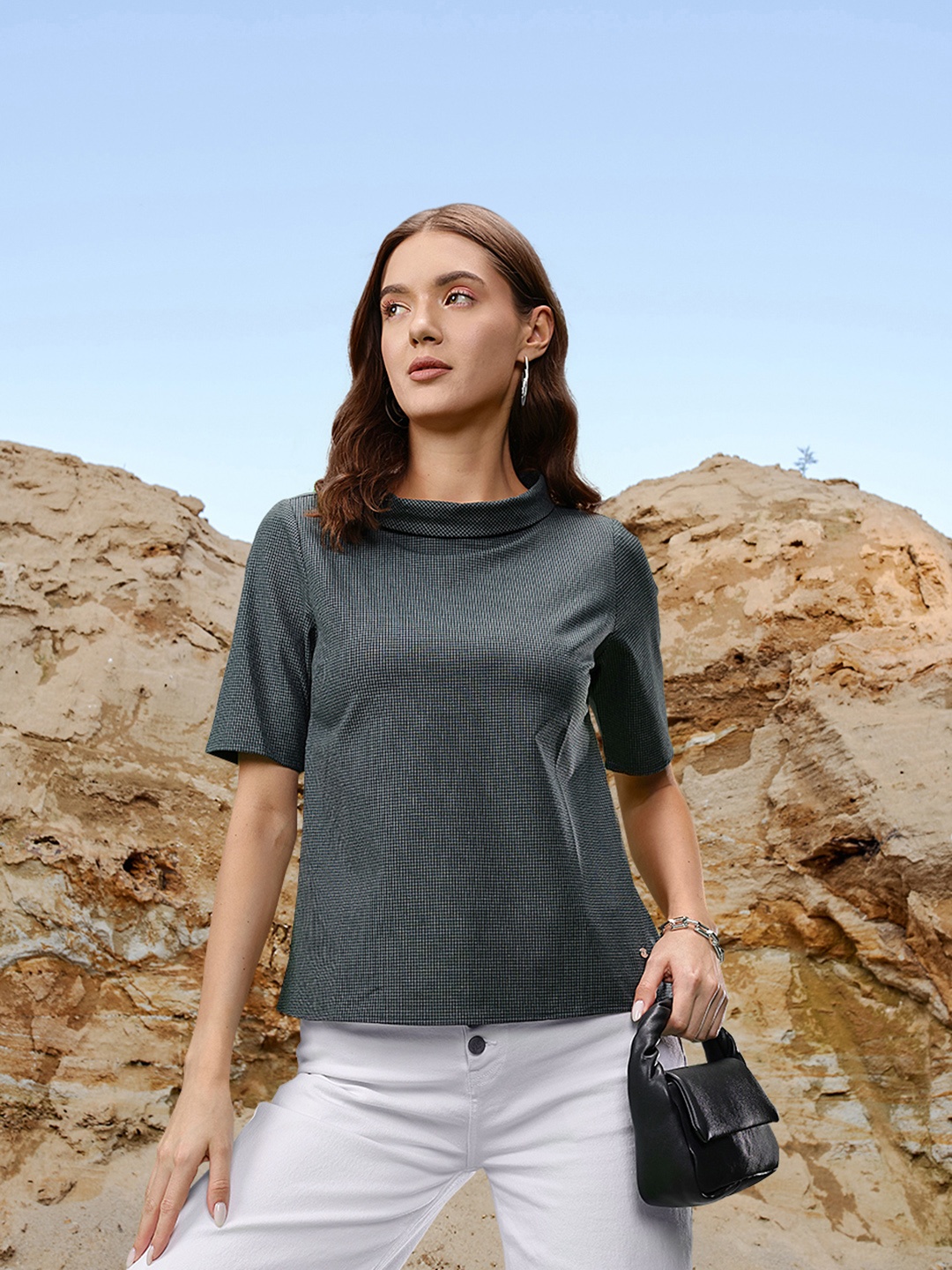 

Allen Solly Woman Checked High Neck Top, Grey