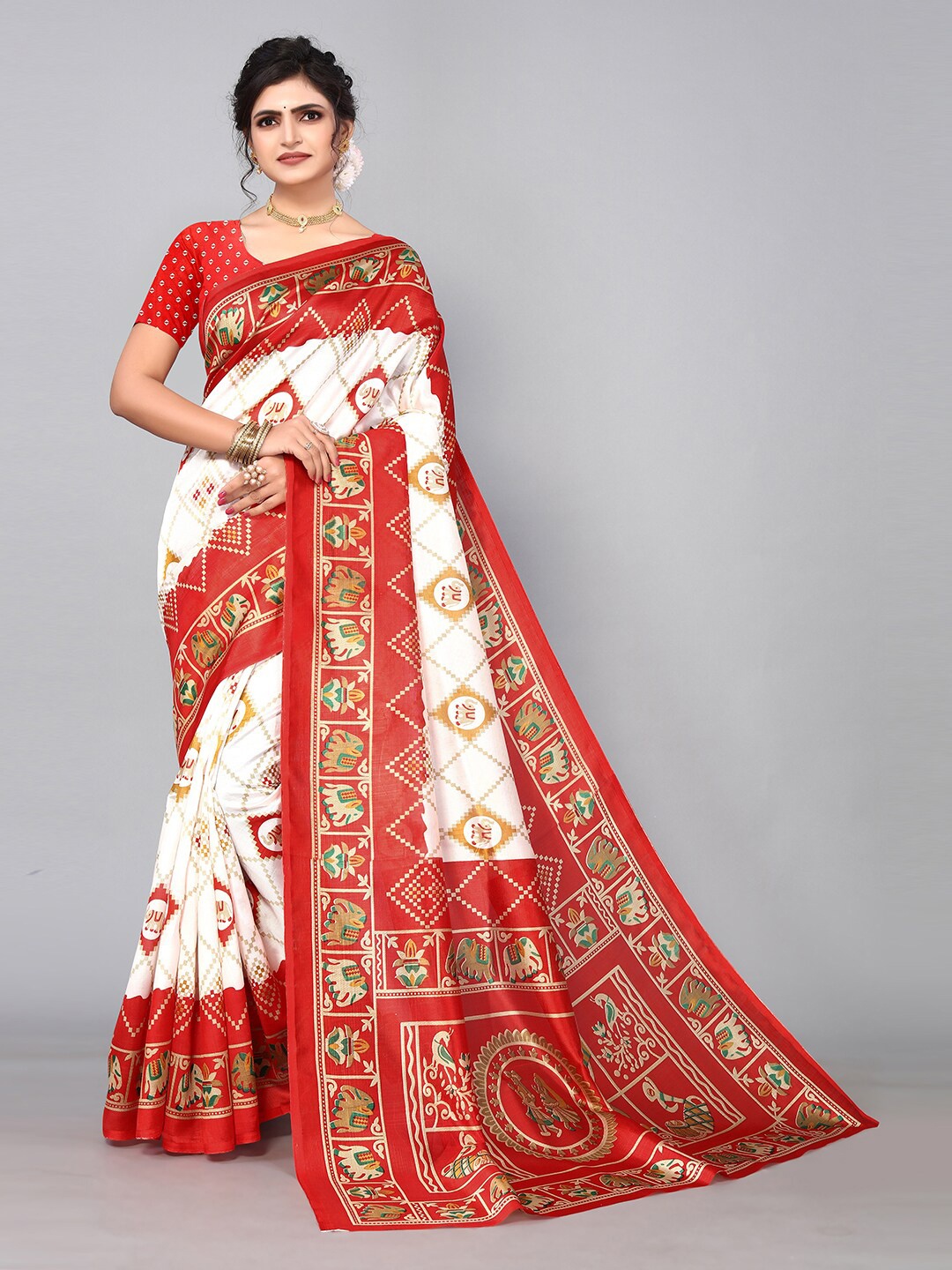 

KALINI Geometric Printed Saree, Red