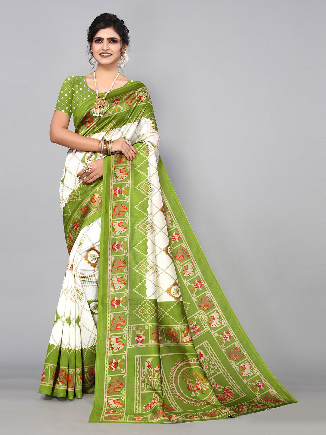 

KALINI Geometric Printed Saree, Green