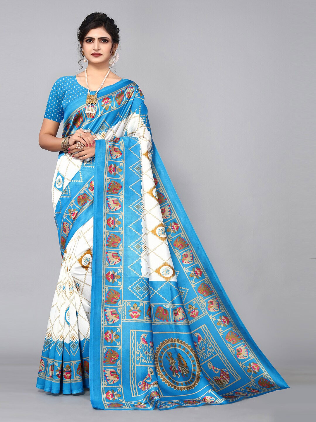 

KALINI Geometric Printed Saree, Blue