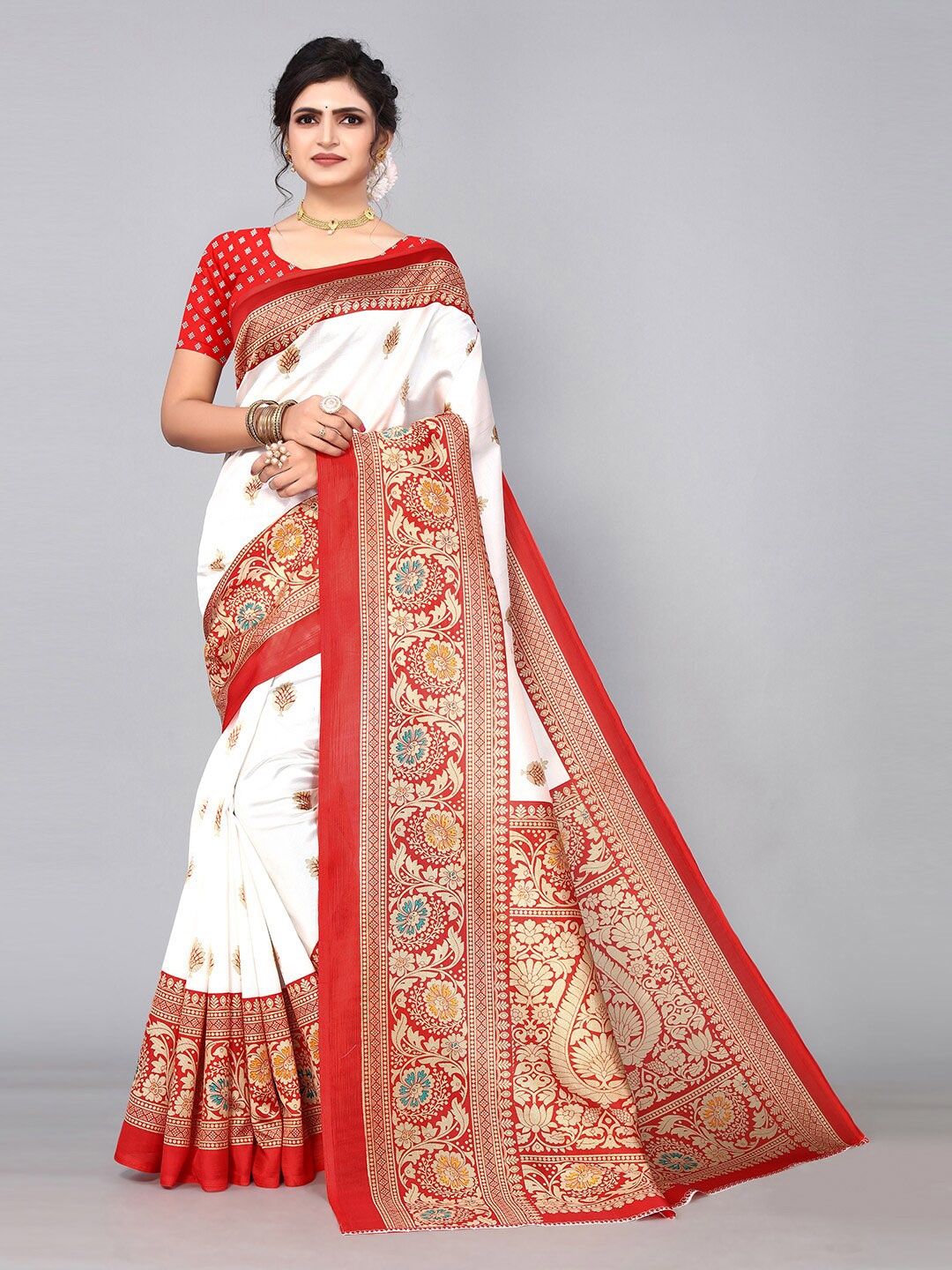

KALINI Ethnic Motifs Printed Art Silk Saree, Red