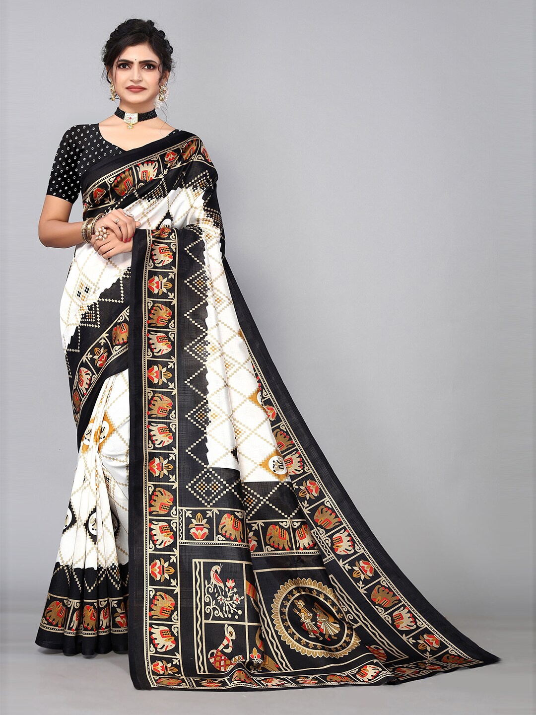 

KALINI Ethnic Motifs Printed Saree, Off white