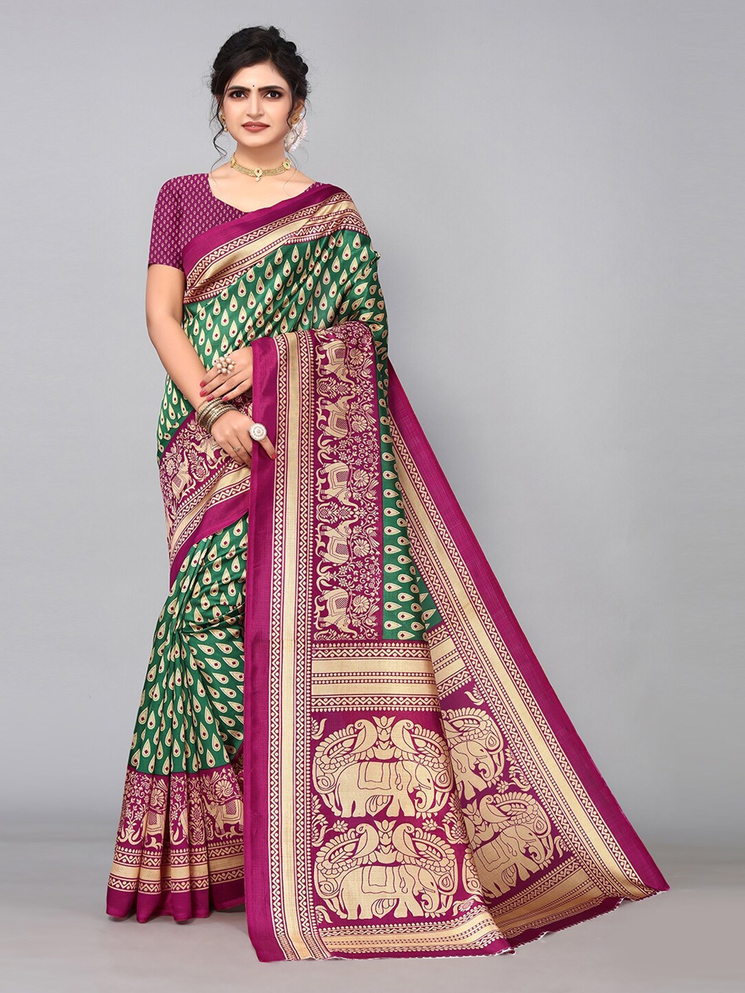 

KALINI Ethnic Motifs Printed Saree, Green