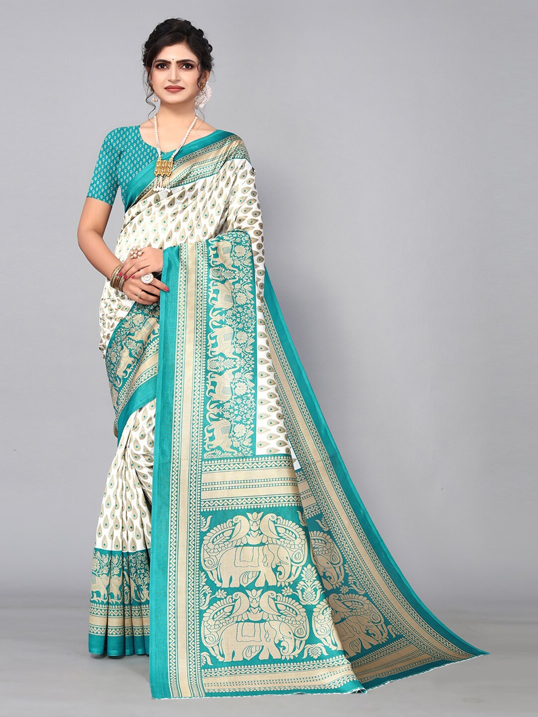 

KALINI Ethnic Motifs Printed Saree, Off white