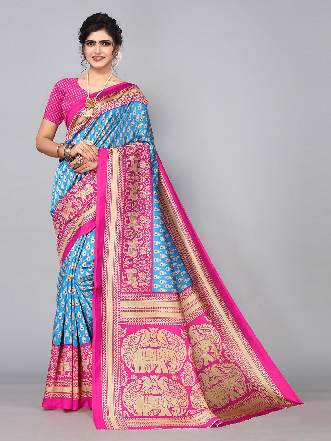 

KALINI Ethnic Motifs Printed Festive Saree, Turquoise blue