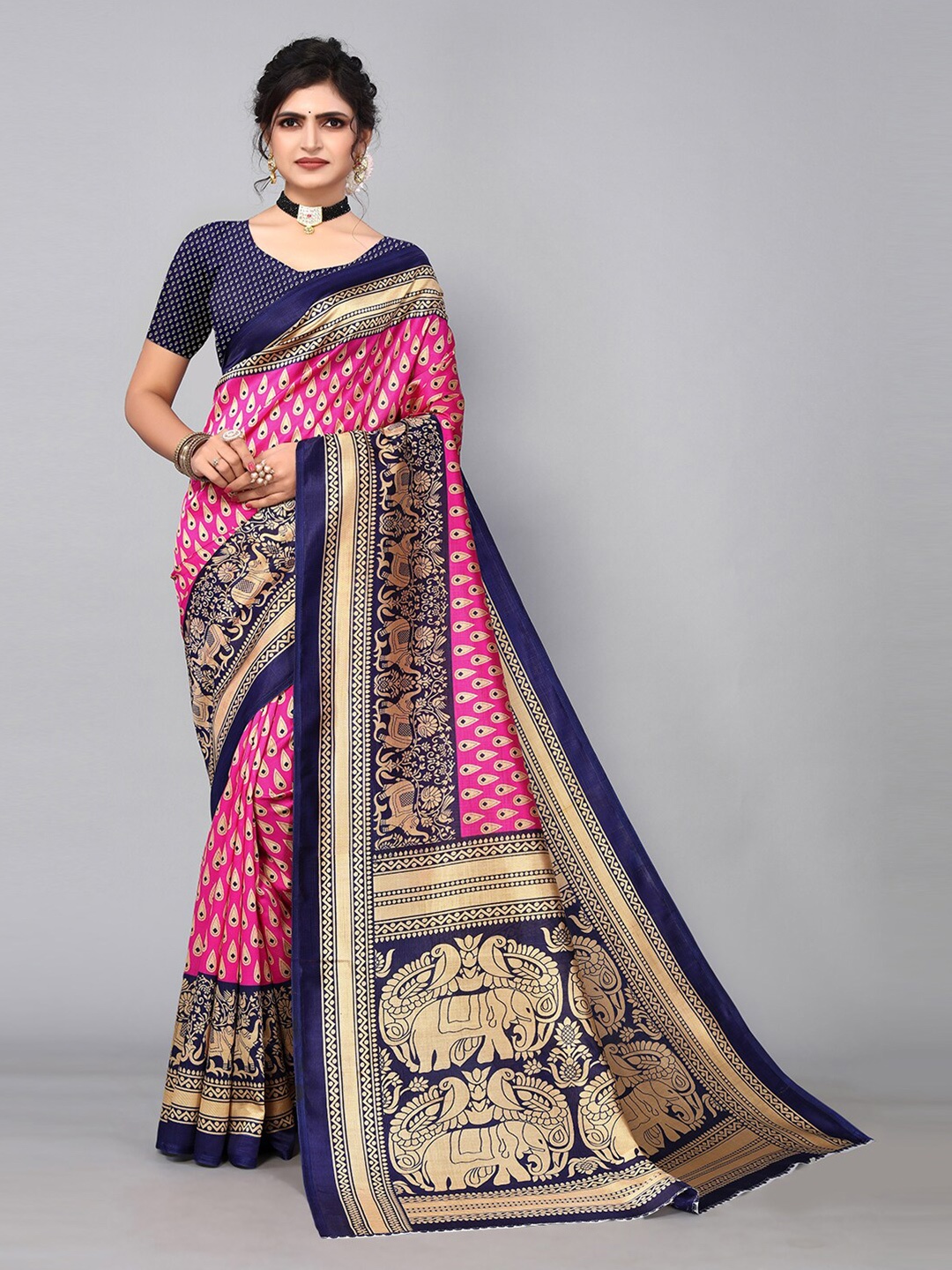 

KALINI Paisley Motif Printed Saree, Pink