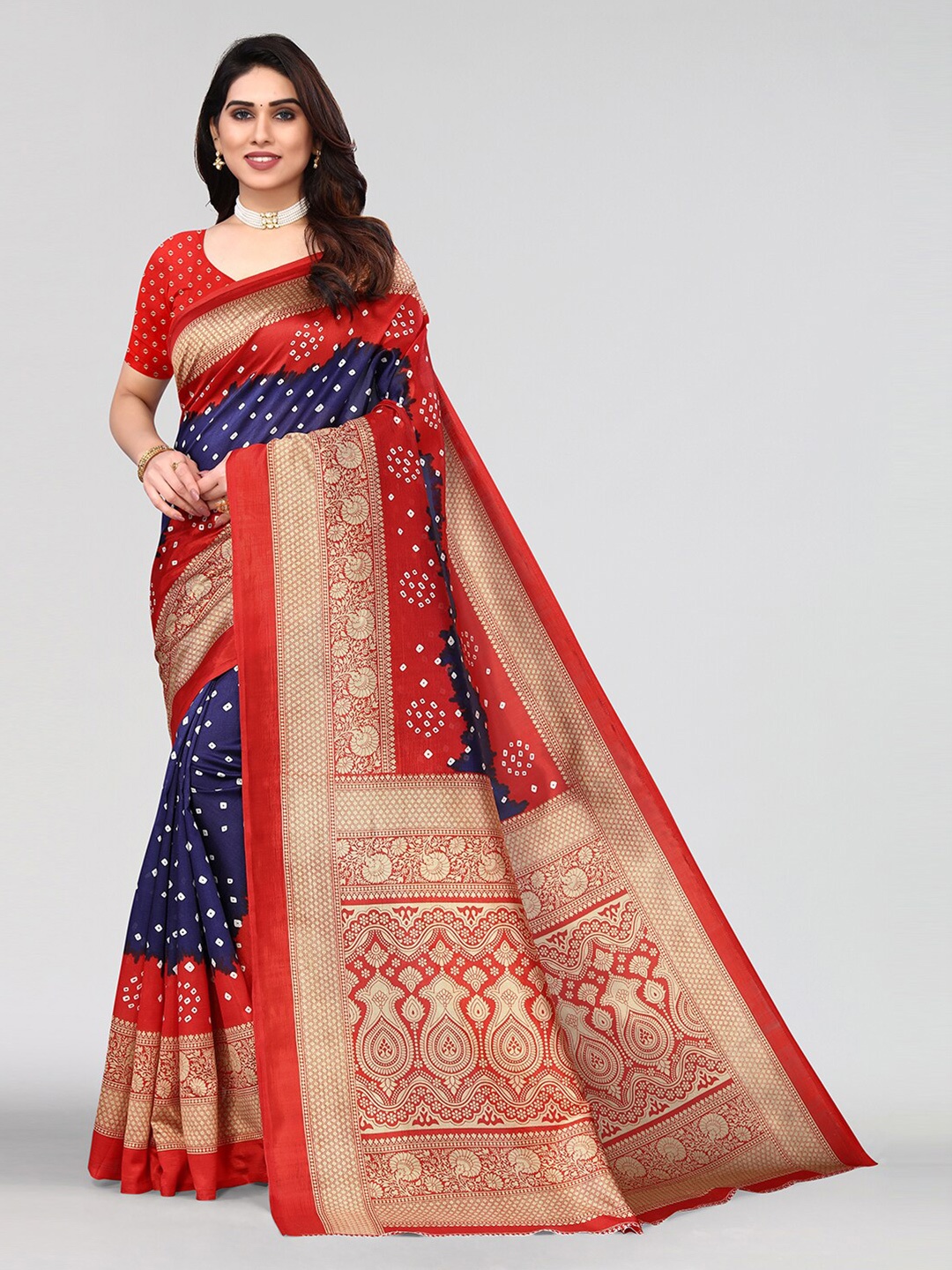 

KALINI Bandhani Art Silk Saree, Navy blue