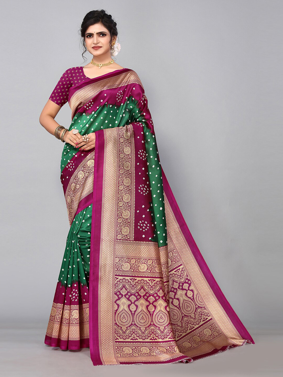 

KALINI Bandhani Printed Art Silk Saree, Green