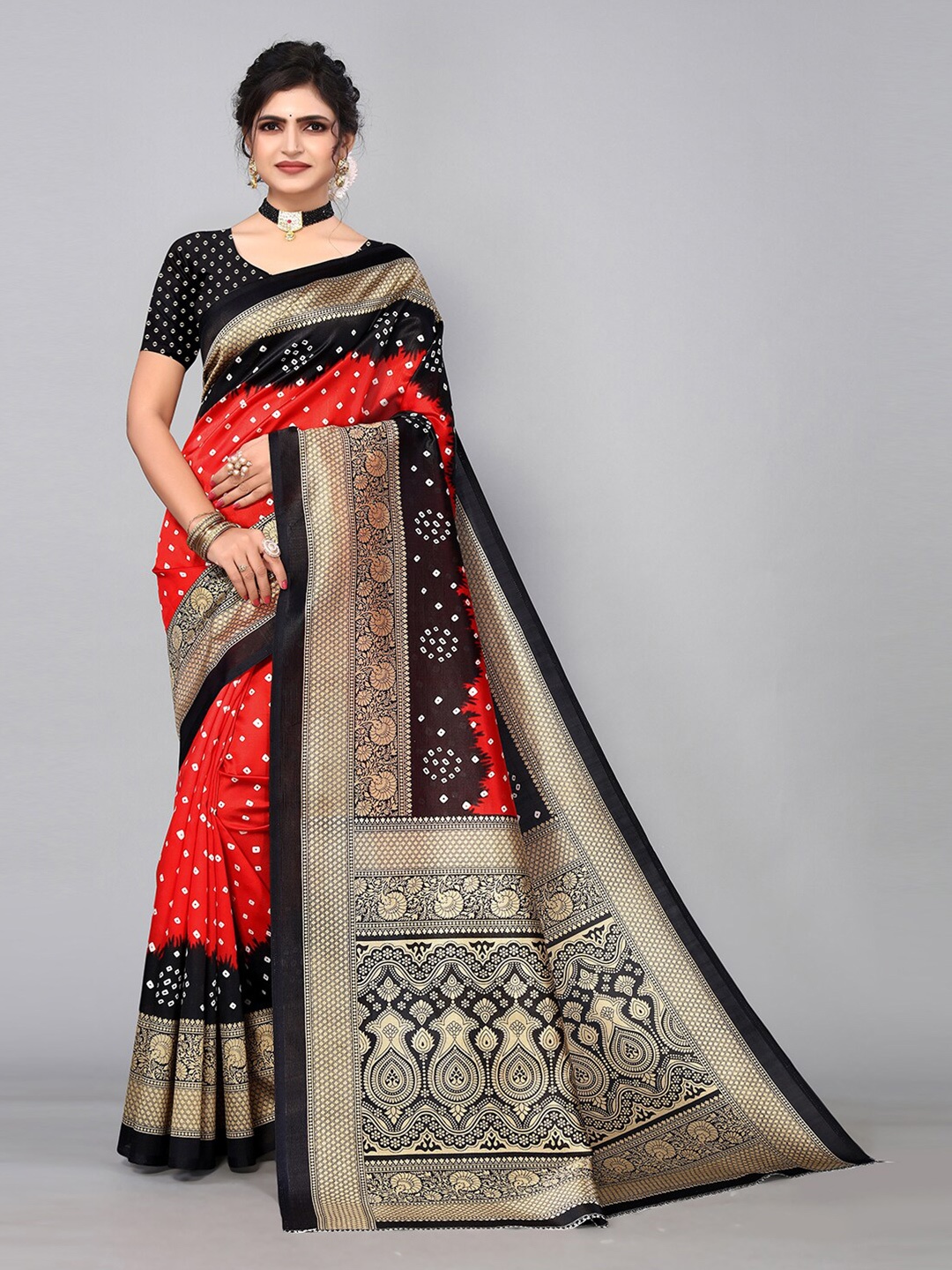 

KALINI Bandhani Printed Art Silk Saree, Red