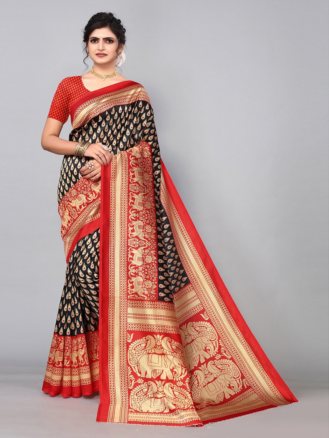 

KALINI Ethnic Motifs Printed Art Silk Saree, Black