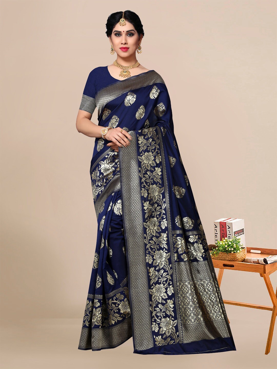 

Sidhidata Ethnic Motifs Zari Banarasi Saree, Navy blue