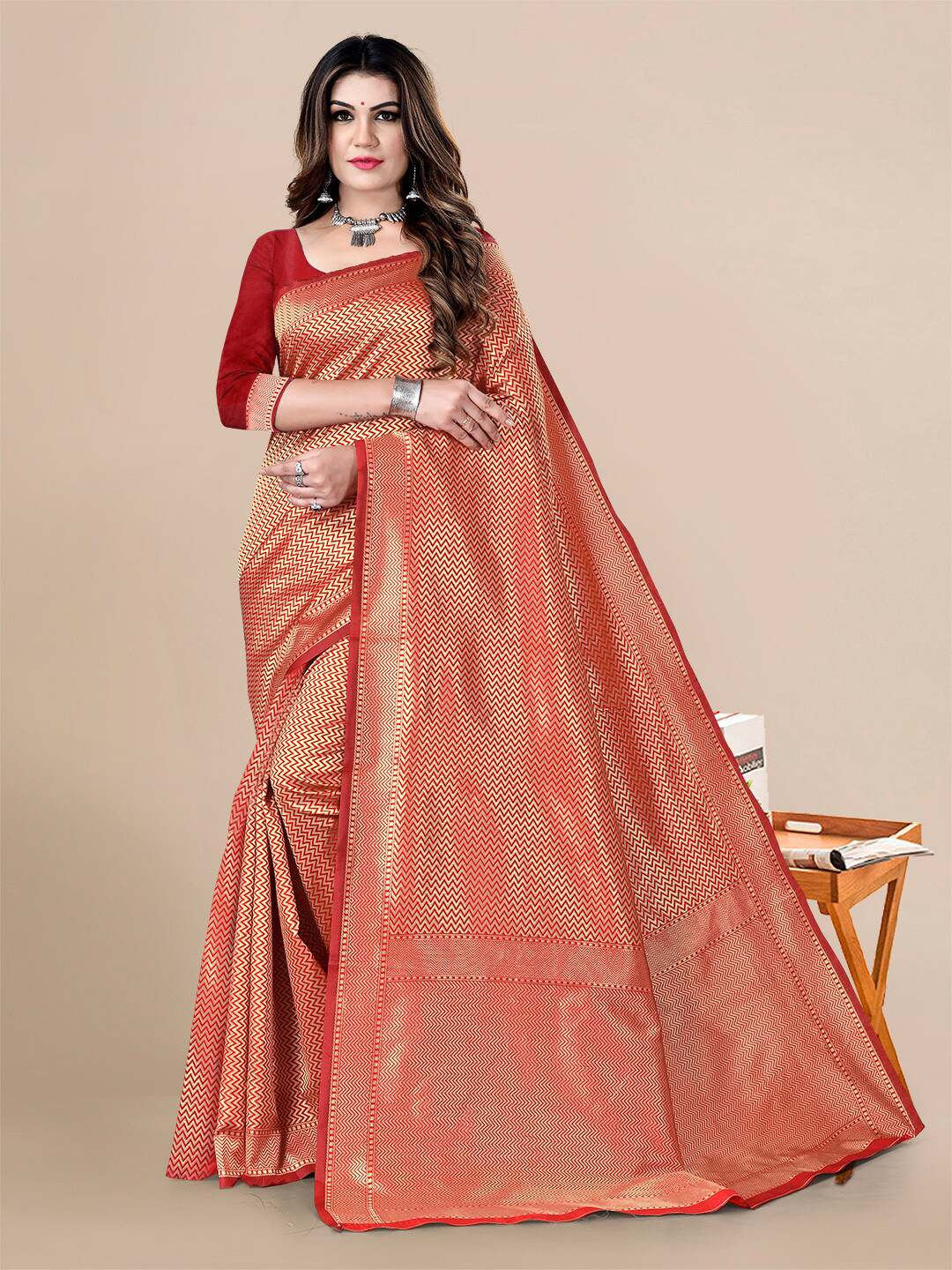 

Sidhidata Zari Silk Blend Banarasi Saree, Red