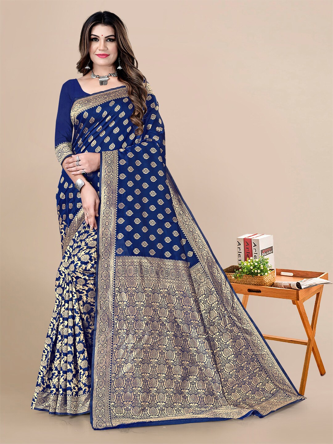 

Sidhidata Ethnic Motifs Zari Banarasi Saree, Navy blue