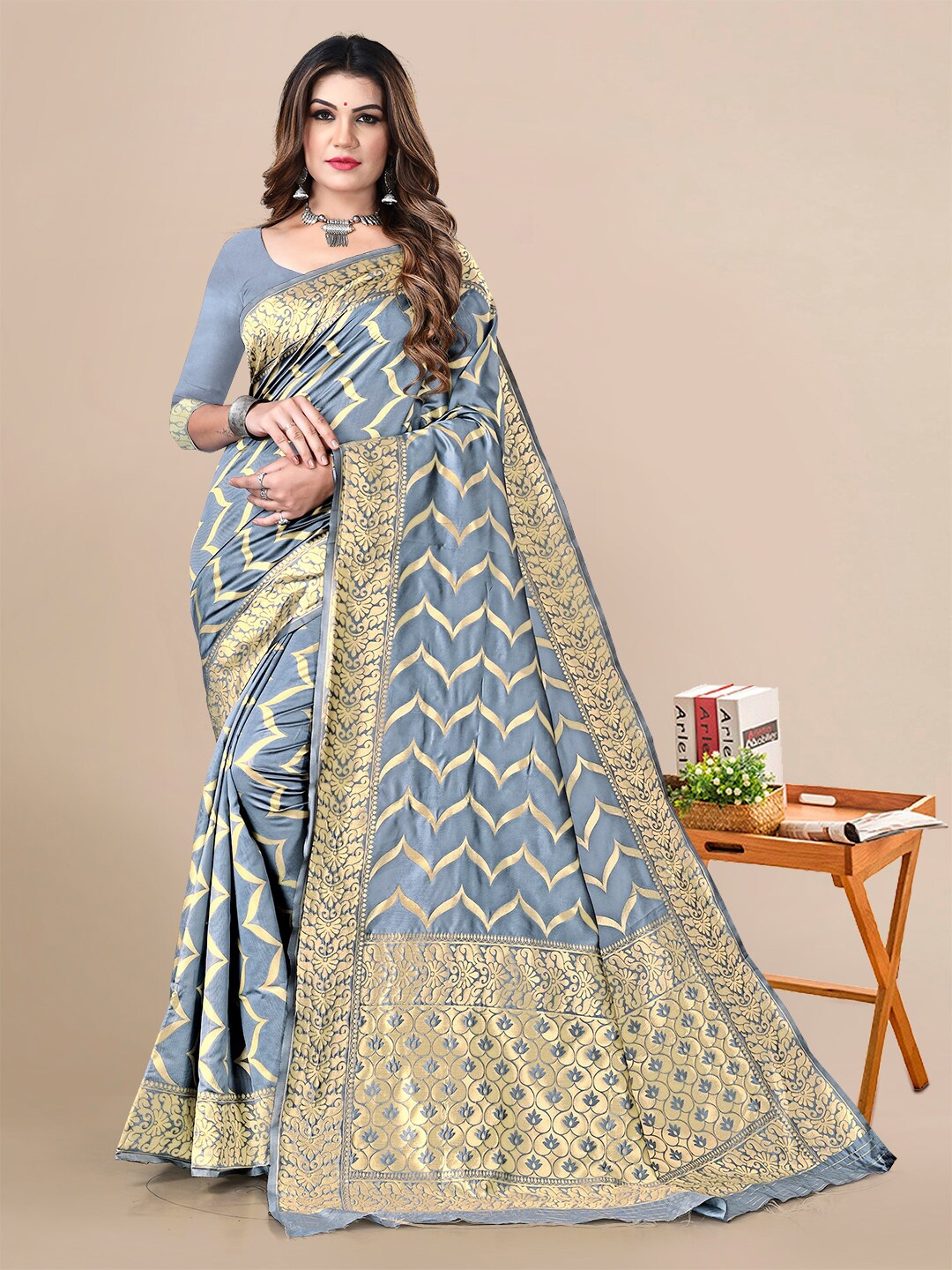 

Sidhidata Ethnic Motifs Zari Banarasi Saree, Grey