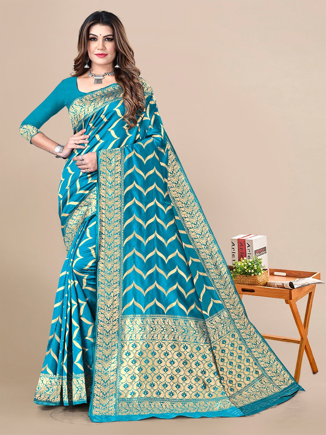 

Sidhidata Ethnic Motifs Zari Banarasi Saree, Turquoise blue